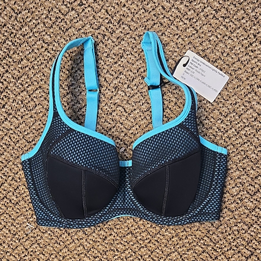 Pour Moi Energy Underwired Sports Bra Black Aqua NWT Size G (32C–40D Range) INT6